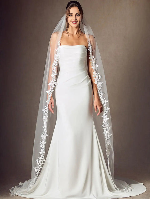 Pearl Lace Edge 1 Tier Long Wedding Bridal Veil with Comb for Brides OA55