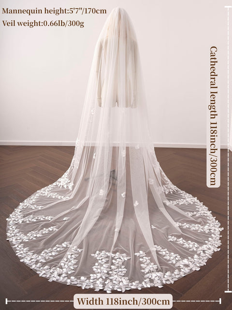 Cathedral Length Leaf Lace Applique Wedding Veil with Comb for Bride OA19