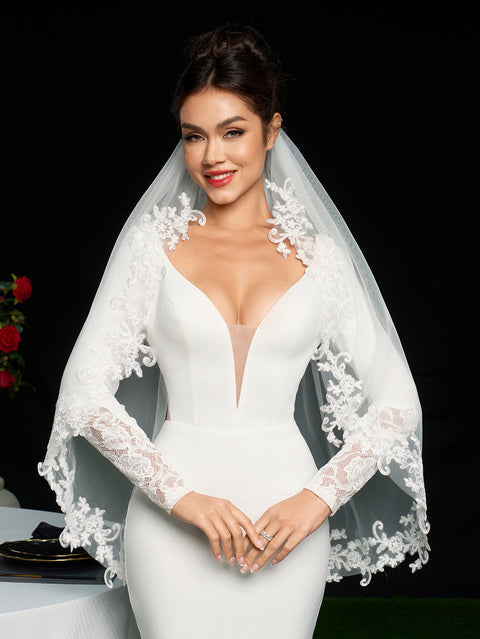 Fingertip Length Lace Applique Wedding Bridal Veil with Comb for Bride Off White OA13