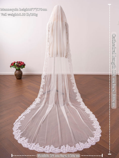 Cathedral Length Floral Lace Wedding Bridal Veil with Comb for Bride Ivory OA38