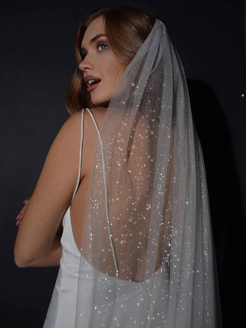 Short Veils Bling Sequin Tulle Wedding Bridal Veil with Metal Comb for Brides OA06