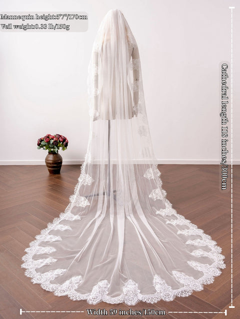 Cathedral Length Floral Lace Wedding Bridal Veil with Comb for Bride Ivory OA49