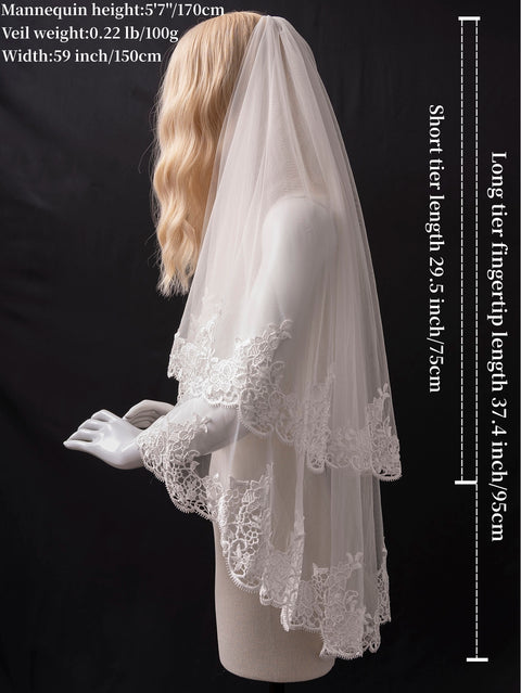 2 Tier Floral Lace Edge Bridal Veil with Comb for Wedding Bride OA48