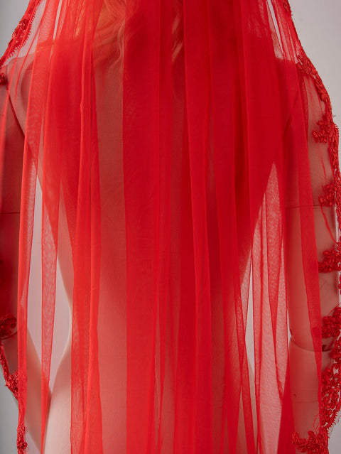 Red Fingertip Length Lace Applique Wedding Veil with Comb for Brides OA23