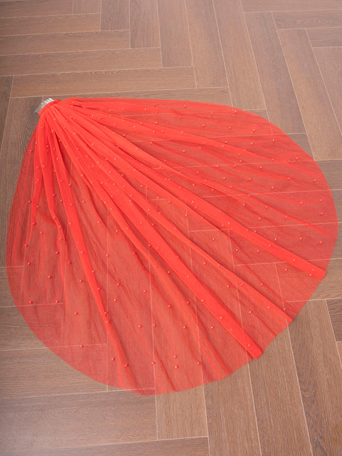 Pearl Wedding Bridal Veil Fingertip Length Red Tulle with Comb for Brides OA10