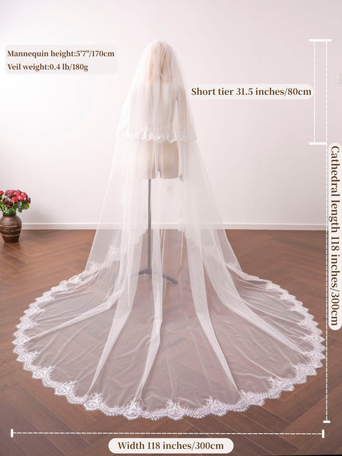 2 Tier Cathedral Length Floral Lace Wedding Bridal Veil with Comb for Brides Ivory OA37