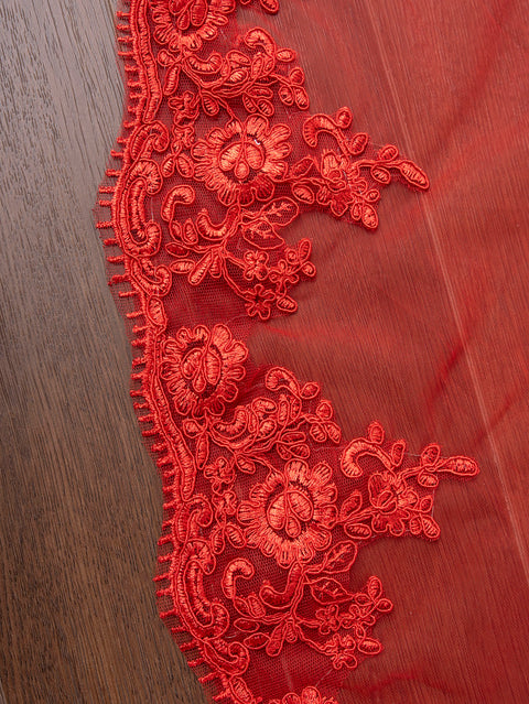 Red Tulle Lace Applique Cathedral Length Wedding Veil with Comb for Bride OA27