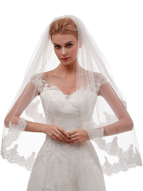 2 Tier Floral Lace Edge Wedding Bridal Veil Fingertip Length with Comb for Brides Ivory OA44