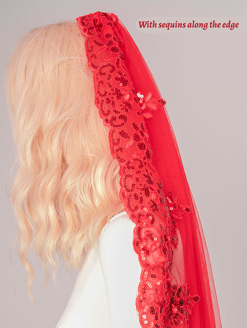 Red Tulle Lace Sequins Fingertip Length Wedding Veil with Comb for Bride OA21