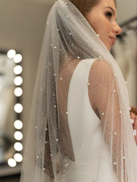Pearl Bling Sequins Tulle Bridal Veil Wedding with Metal Comb for Brides OA01