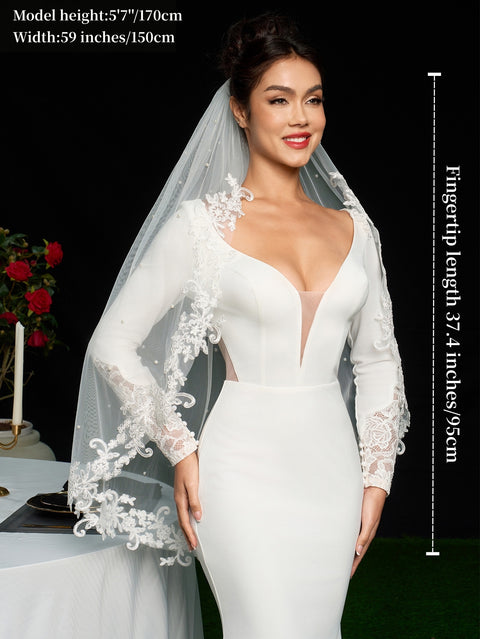 Pearl Lace Applique Fingertip Length Wedding Bridal Veil with Comb for Bride Off White OA14