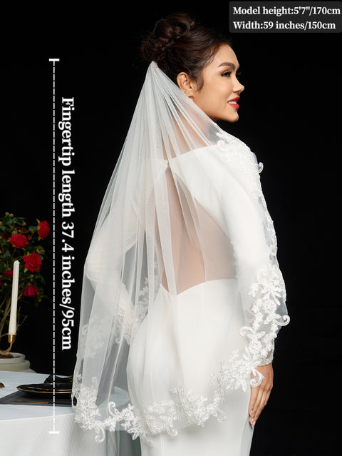 Fingertip Length Lace Applique Wedding Bridal Veil with Comb for Bride Off White OA13