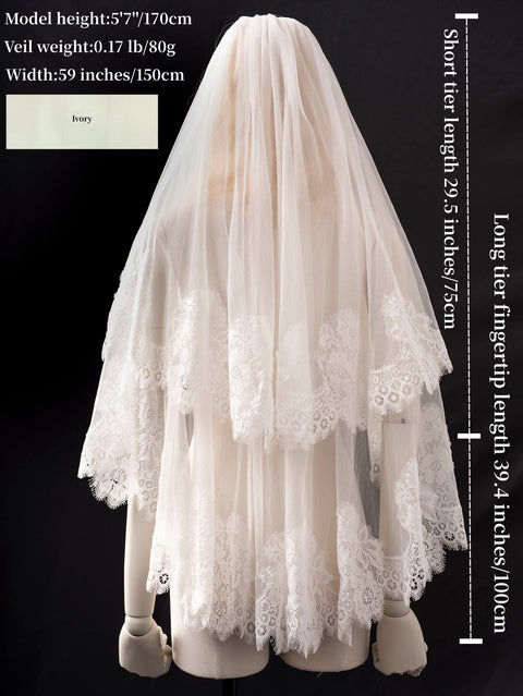 2 Tier Floral Lace Fingertip Length Wedding Bridal Veil with Comb for Bride Ivory OA43