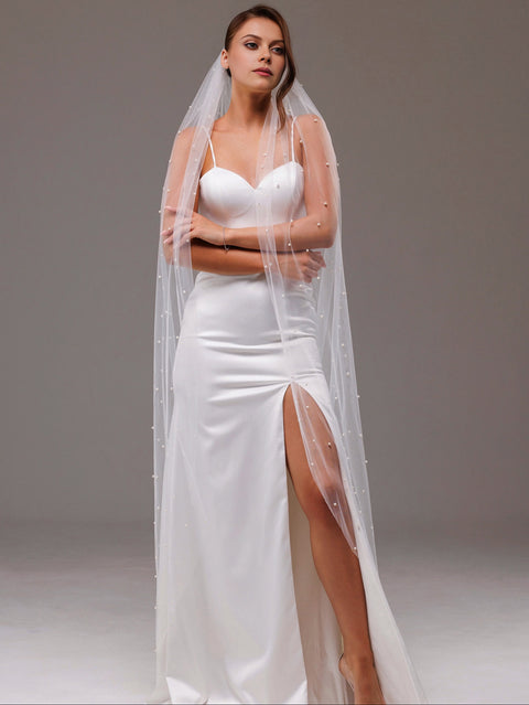 Pearl Chapel Length Wedding Bridal Veil with Metal Comb for Bride AS22