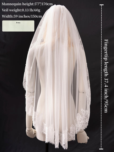 Fingertip Length Floral Lace Edge Wedding Bridal Veil with Comb for Bride Ivory OA46