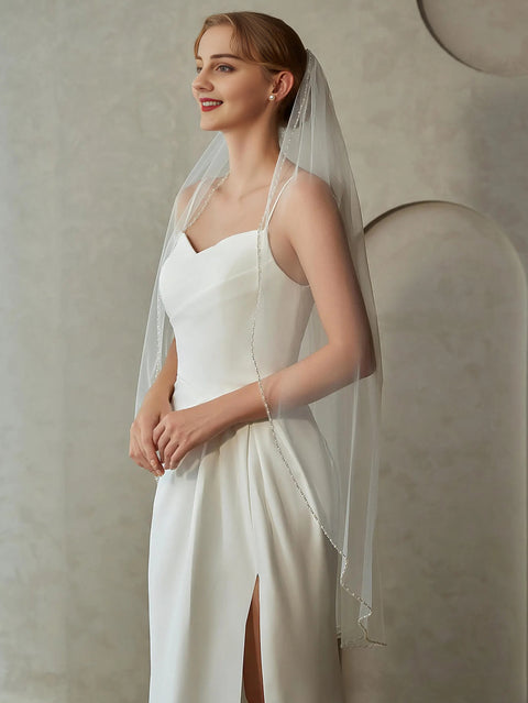 Pearls and Crystals Beaded Edge Fingertip Length Bridal Wedding Veil for Brides OA04