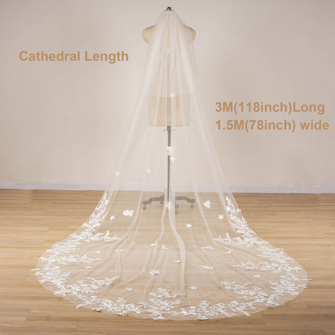 2 Tier Wedding Bridal Veil With Metal Comb Lace Flower Custom Made White Ivory Long F02