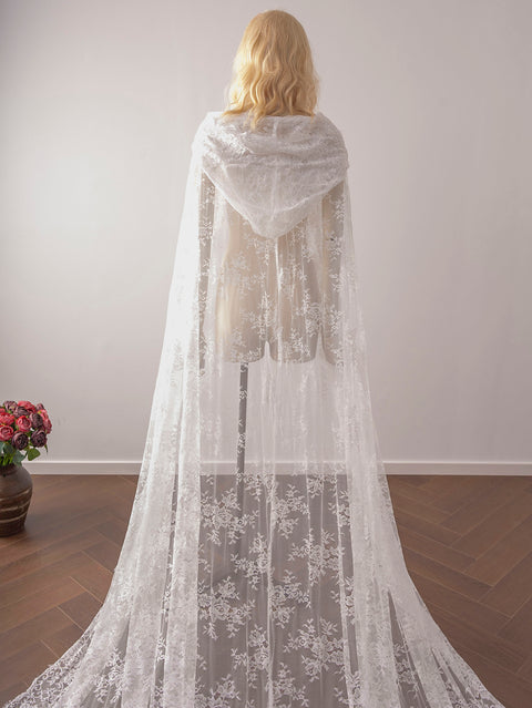 Long Flower Lace Veil Elegant Hooded Wedding Bridal Veil Cape Shawl Halloween Costumes OA25
