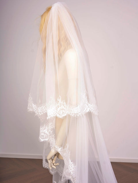 2 Tier Cathedral Length Floral Lace Wedding Bridal Veil with Comb for Brides Ivory OA37