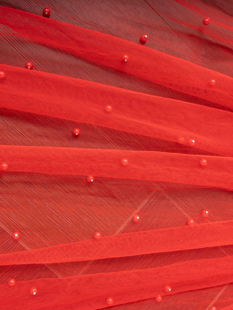 Pearl Wedding Bridal Veil Fingertip Length Red Tulle with Comb for Brides OA10