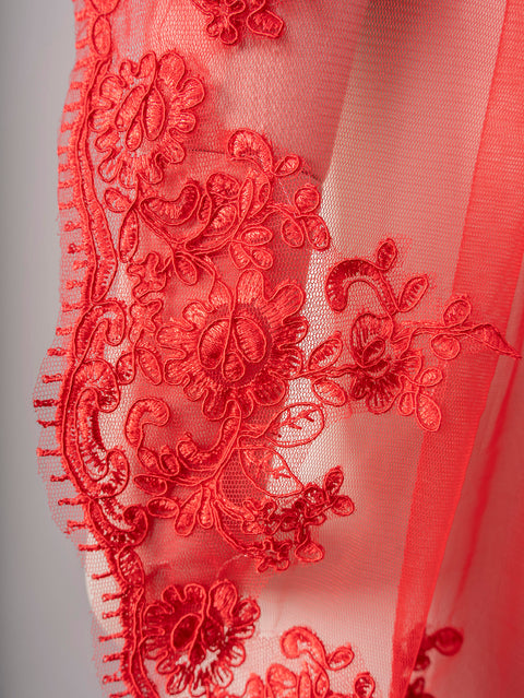 Red Fingertip Length Lace Applique Wedding Veil with Comb for Brides OA22