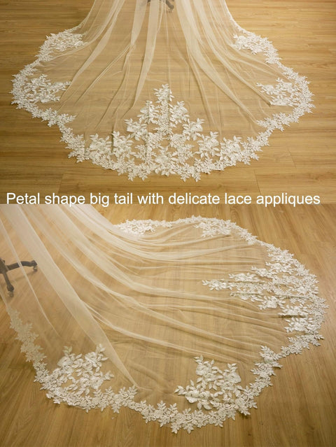 Long Cathedral Length 1 Tier Petal Shape Lace Wedding Bridal Veil F17