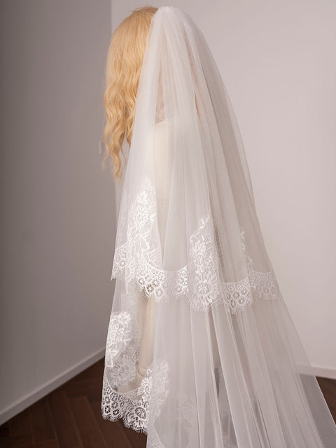 2 Tier Cathedral Length Floral Lace Wedding Bridal Veil with Comb for Brides Ivory OA58