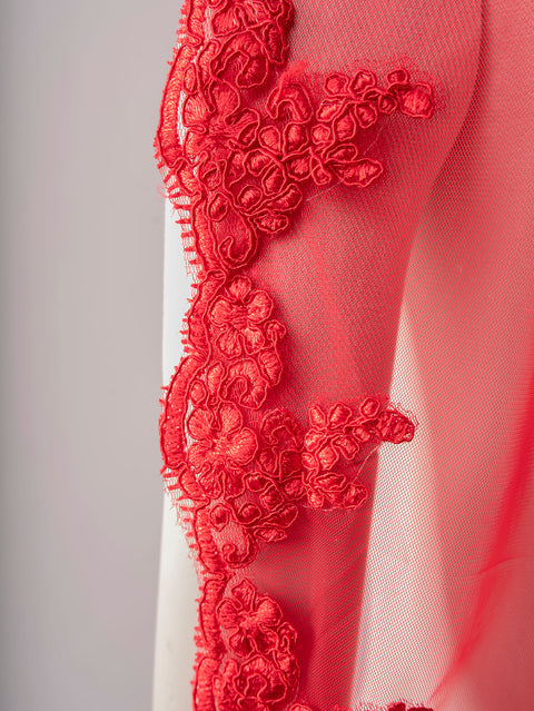Red Fingertip Length Lace Applique Wedding Veil with Comb for Brides OA23