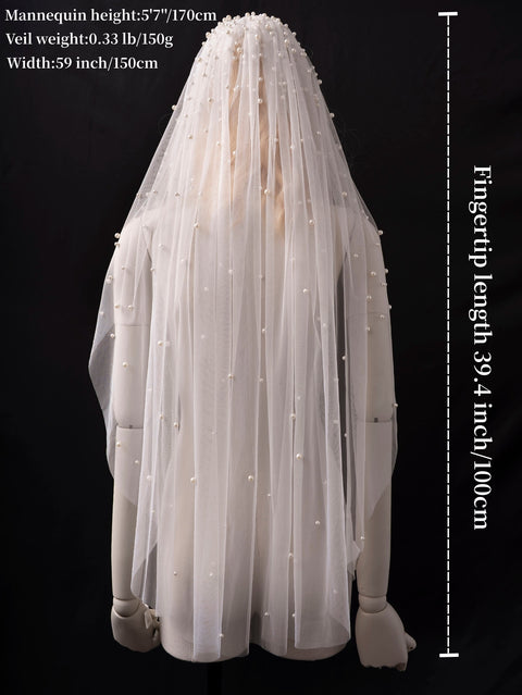 Pearl Veils Fingertip Length Wedding Bridal Veil with Comb Hair Accessory Ivory OA47