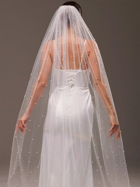 Pearl Cathedral Length Wedding Bridal Veil with Metal Comb for Bride AS23