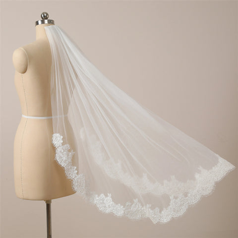 Fingertip Length Floral Lace Edge Wedding Bridal Veil with Comb for Bride Ivory OA57