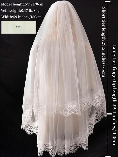 2 Tier Lace Edge Fingertip Length Wedding Bridal Veil with Comb for Bride Ivory OA42