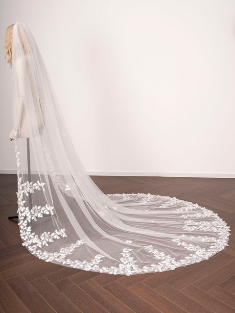 Cathedral Length Leaf Lace Applique Wedding Veil with Comb for Bride OA19