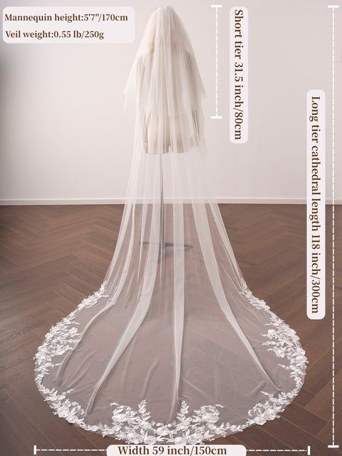 Lace Applique 2 Tier Long Wedding Bridal Veil with Comb for Brides OA64
