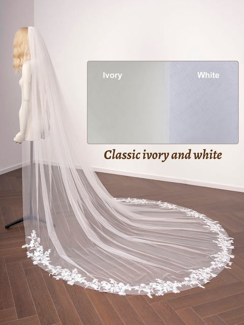 Lace Applique Cathedral Length 1 Tier Wedding Bridal Veil with Comb OA63