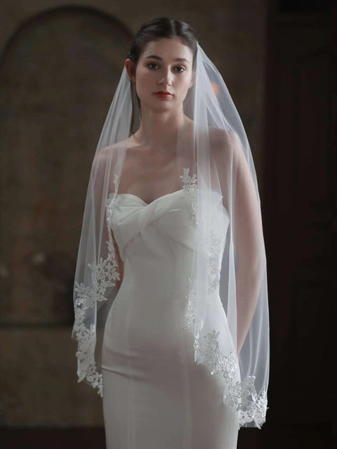 Fingertip Length Floral Edge Wedding Bridal Veil with Comb for Bride AS34