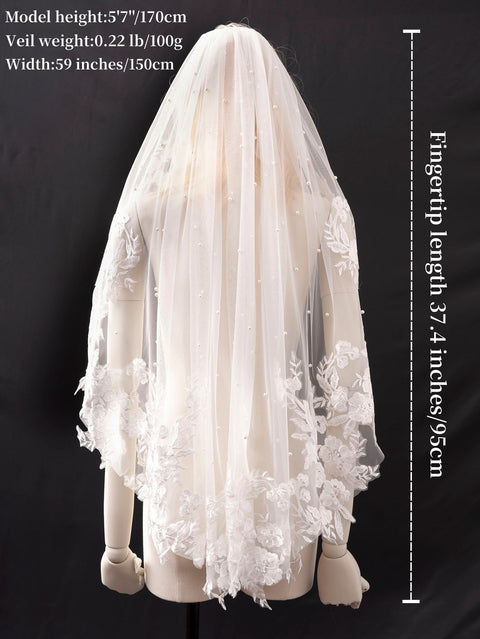 Pearl Lace Applique Fingertip Length Wedding Bridal Veil with Comb for Bride Off White OA16