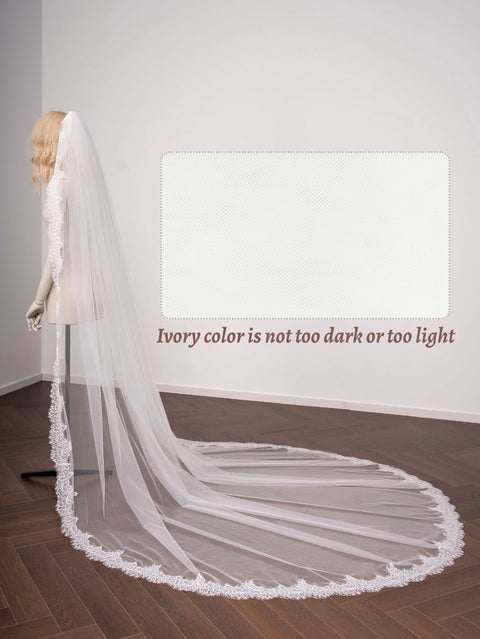 Cathedral Length Lace Edge Lightweight Wedding Bridal Veil with Comb for Bride Ivory OA33