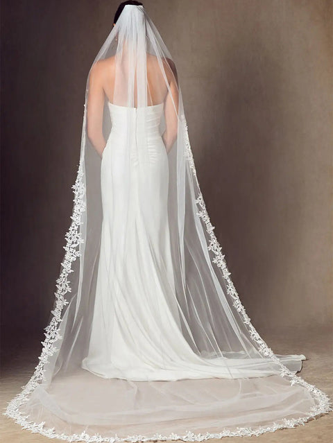 Pearl Lace Edge 1 Tier Long Wedding Bridal Veil with Comb for Brides OA55
