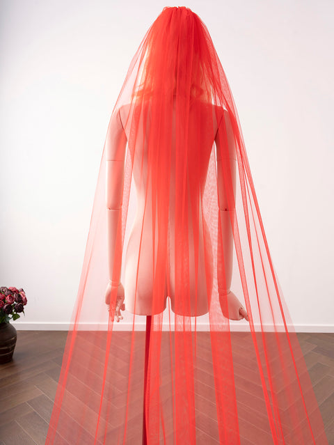 Red Tulle Lace Sequins Cathedral Length Wedding Veil with Comb for Bride OA28