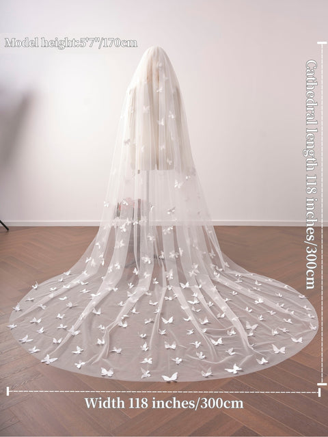 Cathedral Length 3D Butterfly Wedding Bridal Veil Soft Tulle with Metal for Bride OA26