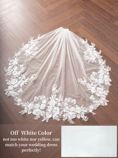 Pearl Lace Applique Fingertip Length Wedding Bridal Veil with Comb for Bride Off White OA16