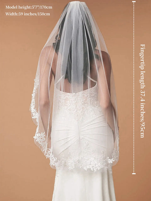 Pearl Lace Applique Fingertip Length Wedding Bridal Veil with Comb for Bride Off White OA15