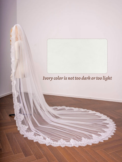 Cathedral Length Lace Edge Lightweight Wedding Bridal Veil with Comb for Bride Ivory OA35
