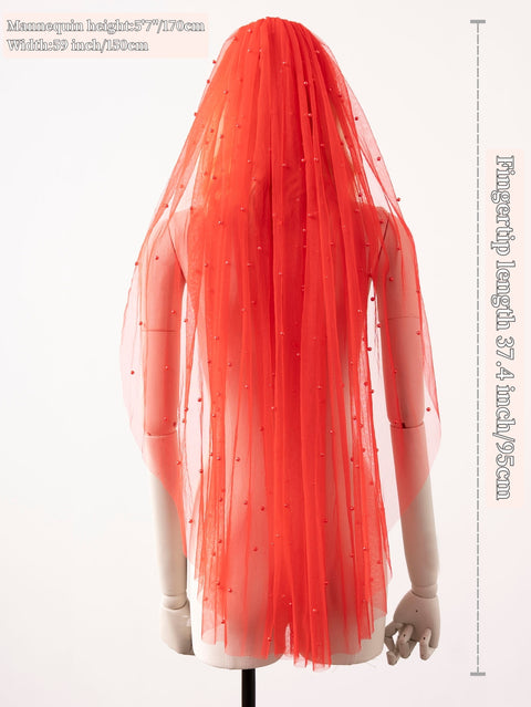 Pearl Wedding Bridal Veil Fingertip Length Red Tulle with Comb for Brides OA10