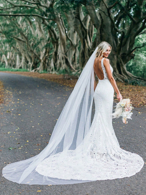 1 Tier Cathedral Length Simple Plain Bridal Veil with Comb for Wedding Brides Off White OA11