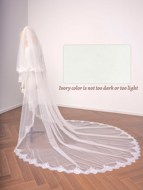 2 Tier Cathedral Length Floral Lace Wedding Bridal Veil with Comb for Brides Ivory OA37