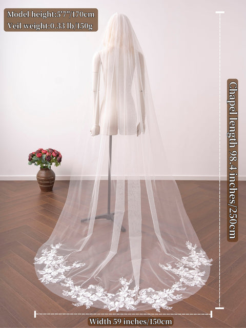 Lace Sequin Applique Chapel Length Wedding Bridal Veil with Comb for Bride OA50