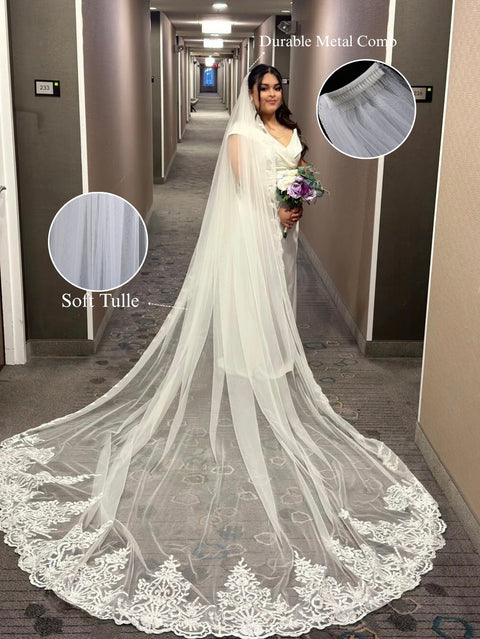 Royal Length 3.5M Lace Edge Wedding Bridal Veil with Metal Comb AS01