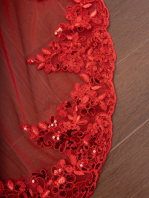 Red Tulle Lace Sequins Cathedral Length Wedding Veil with Comb for Bride OA28